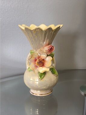 Vintage Porcelain Floral norcrest vase with 3D flowers a scalloped rim
